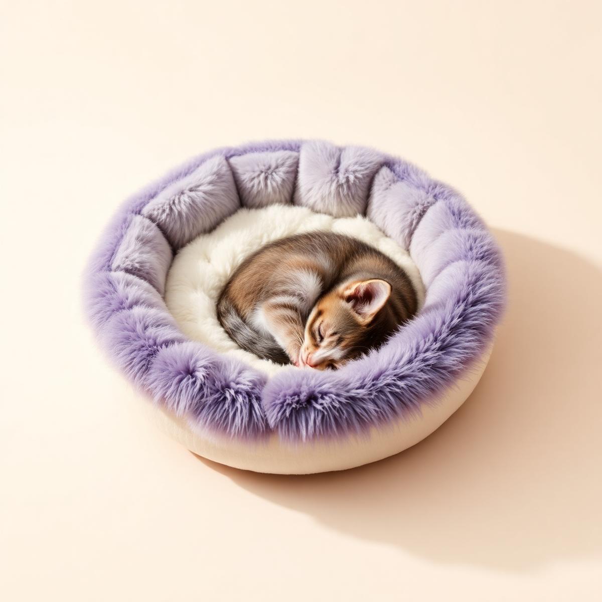 Dreamer Pet Bed with faux-fur surface and a sleeping kitten