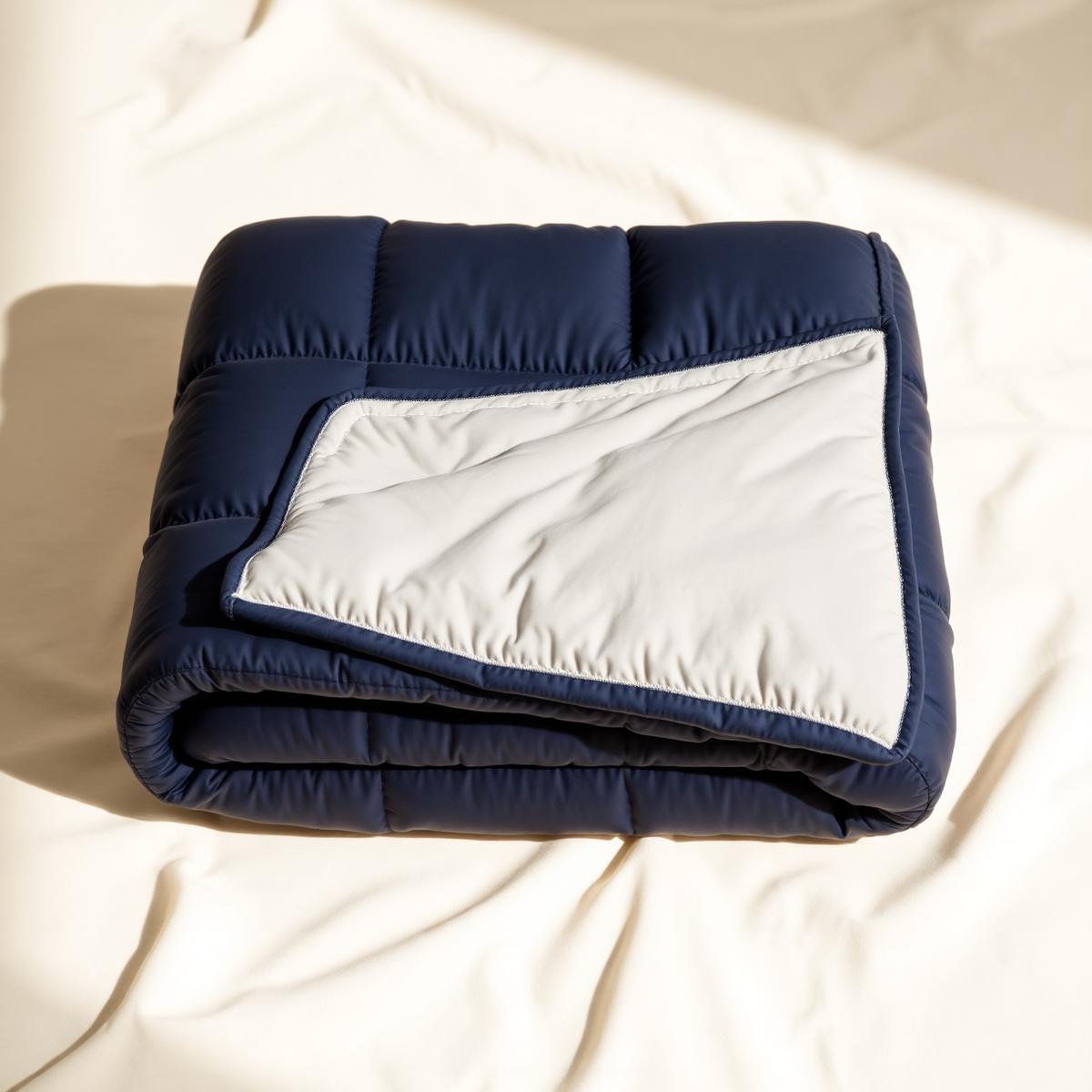 Moonbeam Weighted Blanket folded in deep navy with quilted pockets